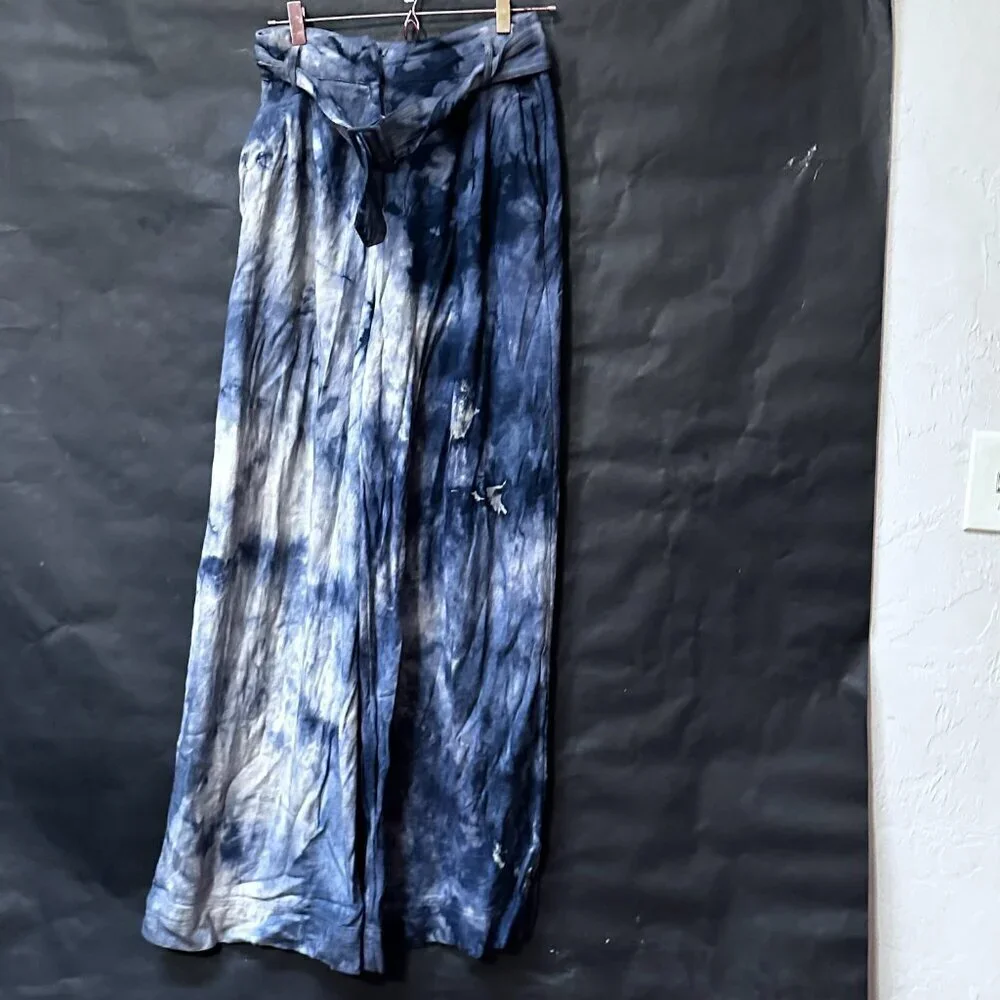 H&M Tie Dyed Cotton Black Pants Blue Size 8  Wide Legged Trousers Slacks Cotton